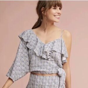 Maeve Imelda pineapple Print One-Shoulder Ruffle Wrap Style Blouse blue
